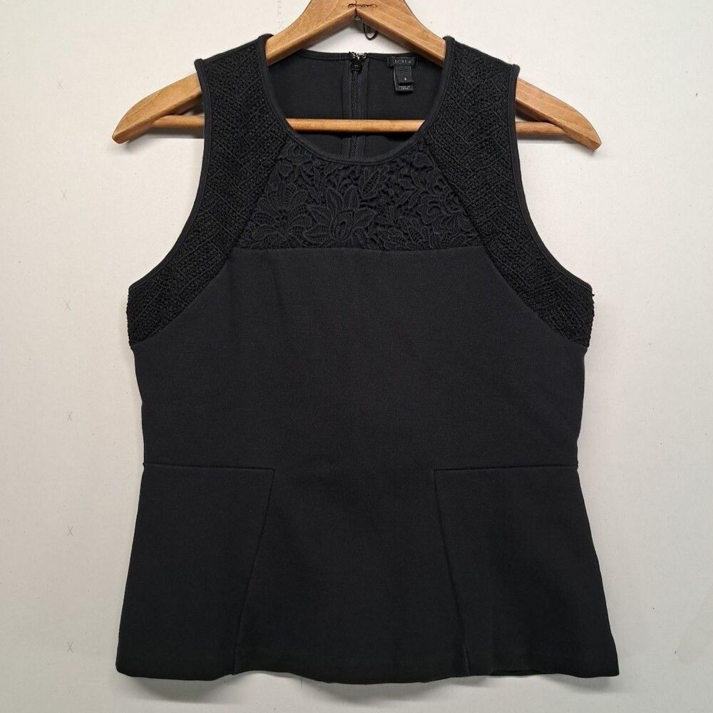 J.Crew Women's Small Black Peplum Top Blouse Sleeveless Floral Lace Accent Layer